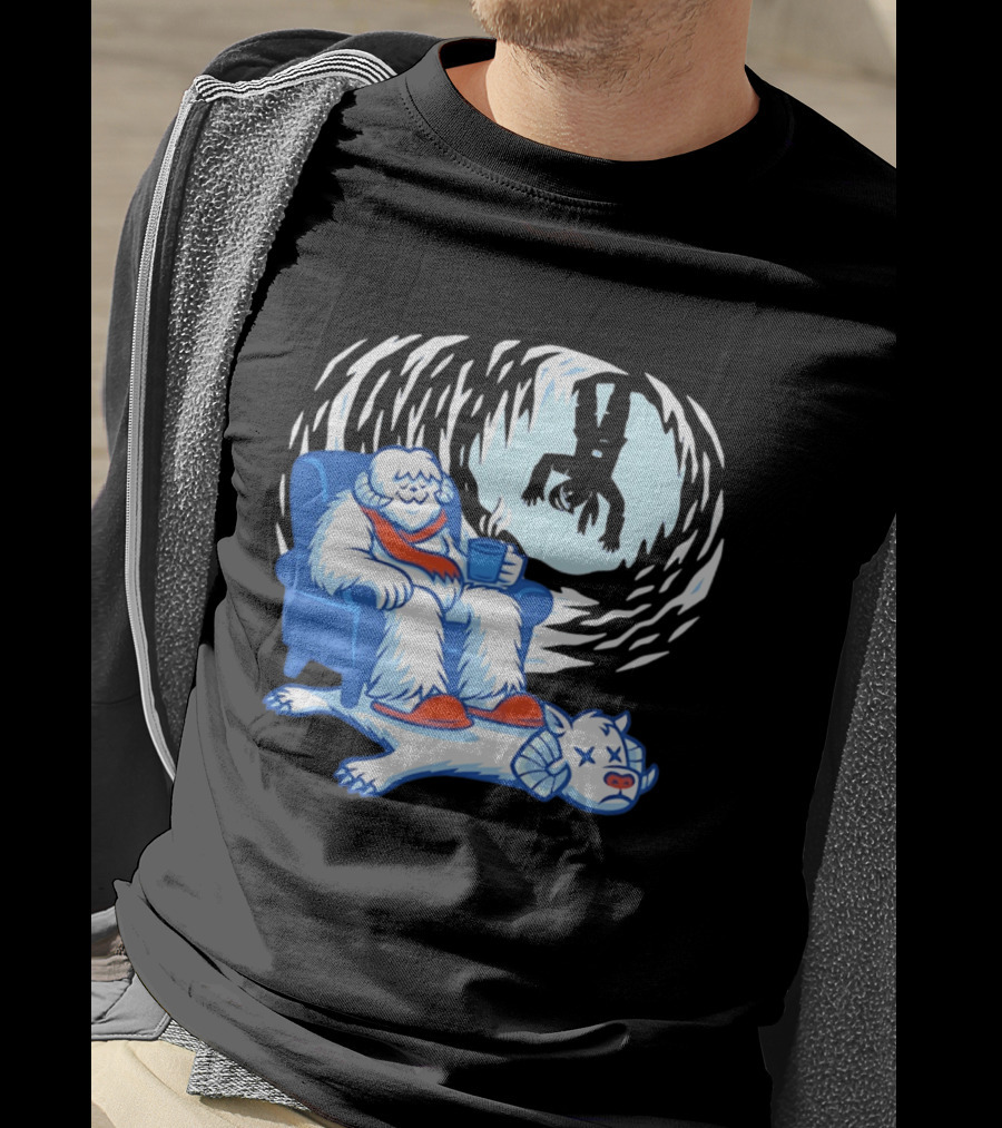 Yeti Relaxing In A Chair With Hot Drink And Abominable Snowman Rug T-Shirt