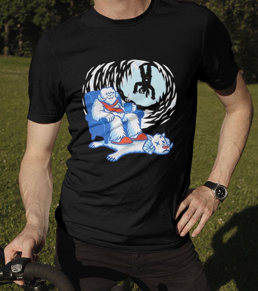 Yeti Relaxing In A Chair With Hot Drink And Abominable Snowman Rug T-Shirt