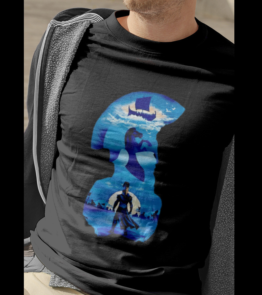 Spartan Warrior With Trojan Horse And Ancient Ship In Mythical Blue Scene T-Shirt
