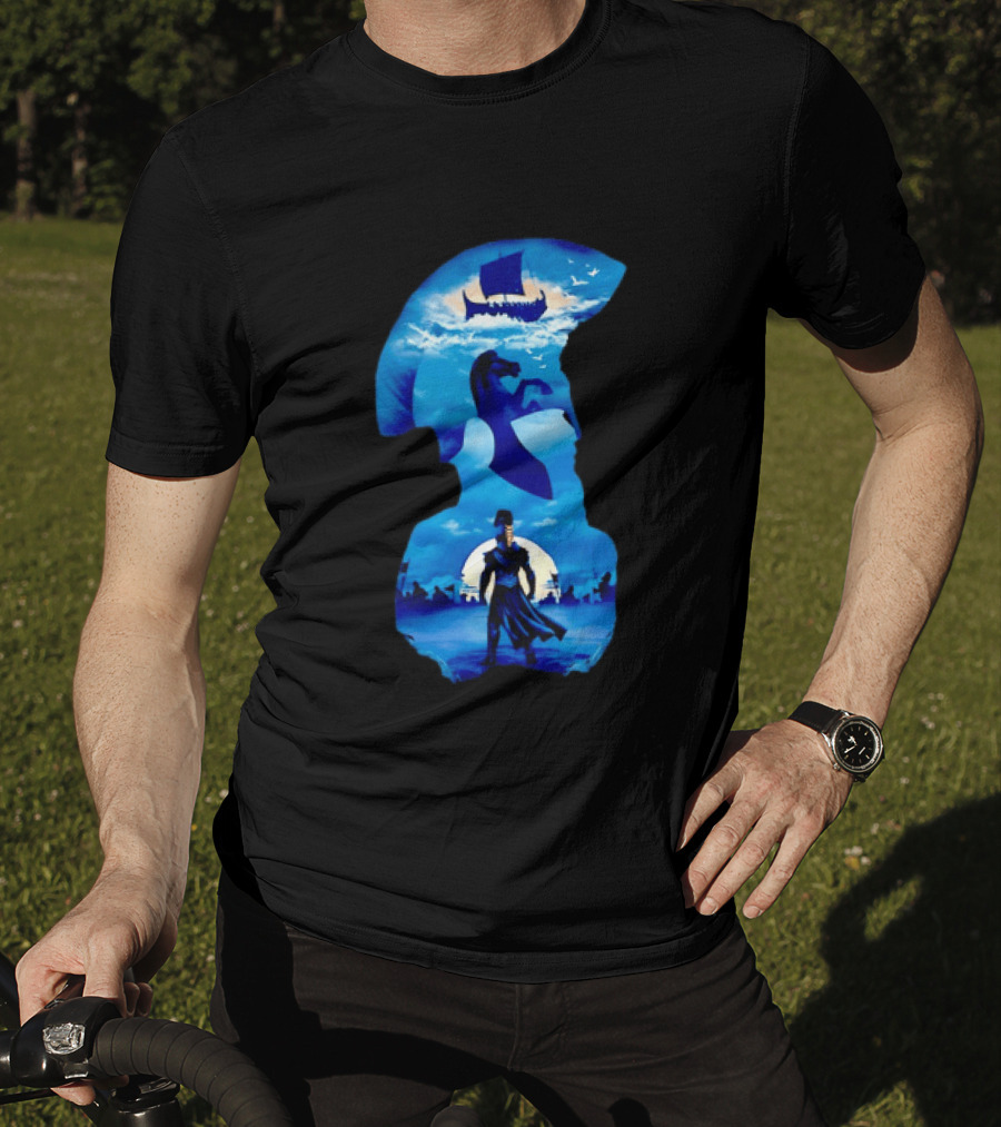 Spartan Warrior With Trojan Horse And Ancient Ship In Mythical Blue Scene T-Shirt