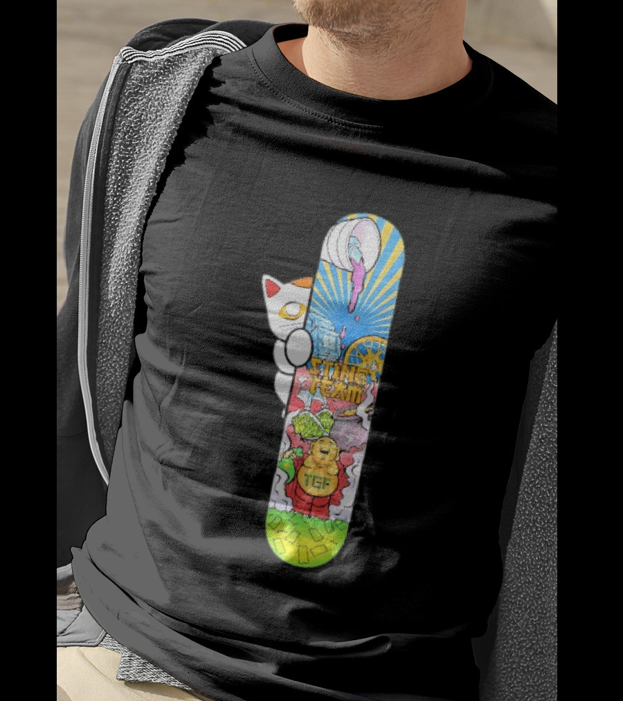 Stinc Team TGF Buddha Cat With Skateboard And Dripping Paint Aesthetic T-Shirt