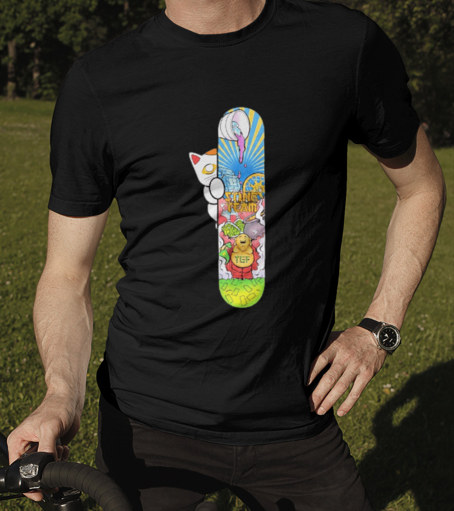 Stinc Team TGF Buddha Cat With Skateboard And Dripping Paint Aesthetic T-Shirt