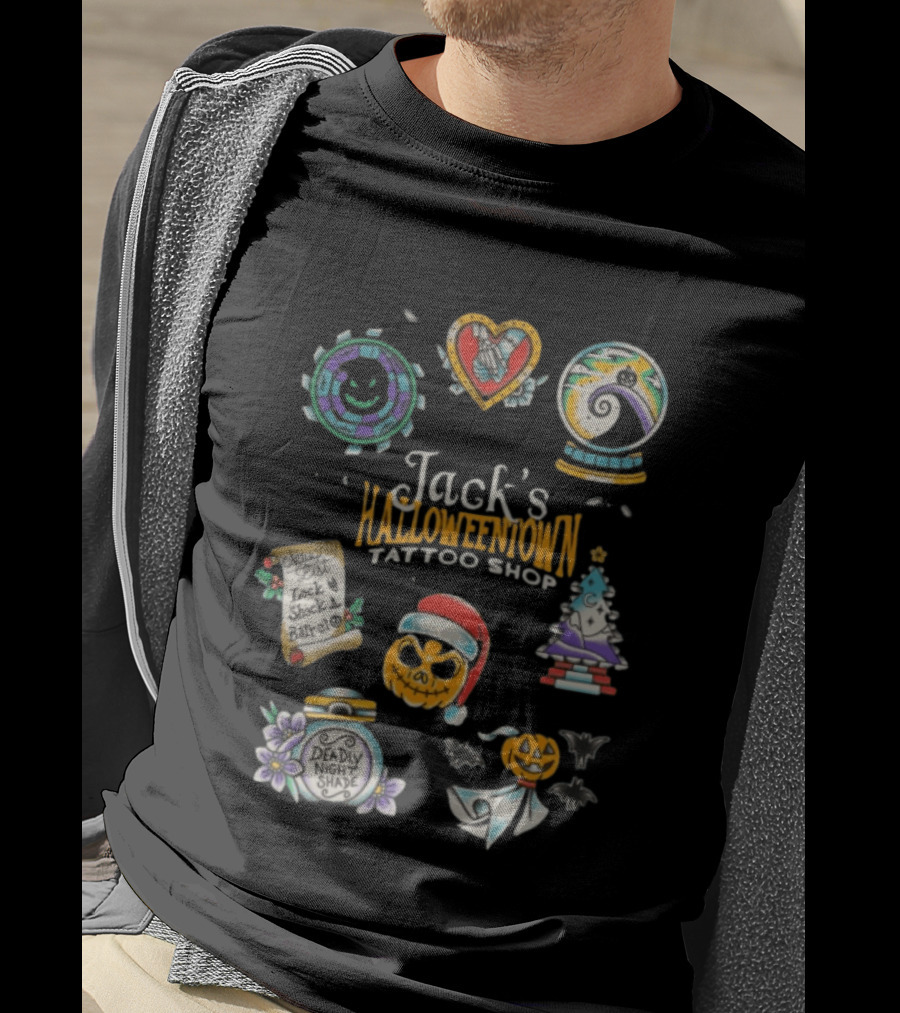 Jack's Halloweentown Tattoo Shop Oogie Boogie Santa Skull Lock Shock Barrel T-Shirt