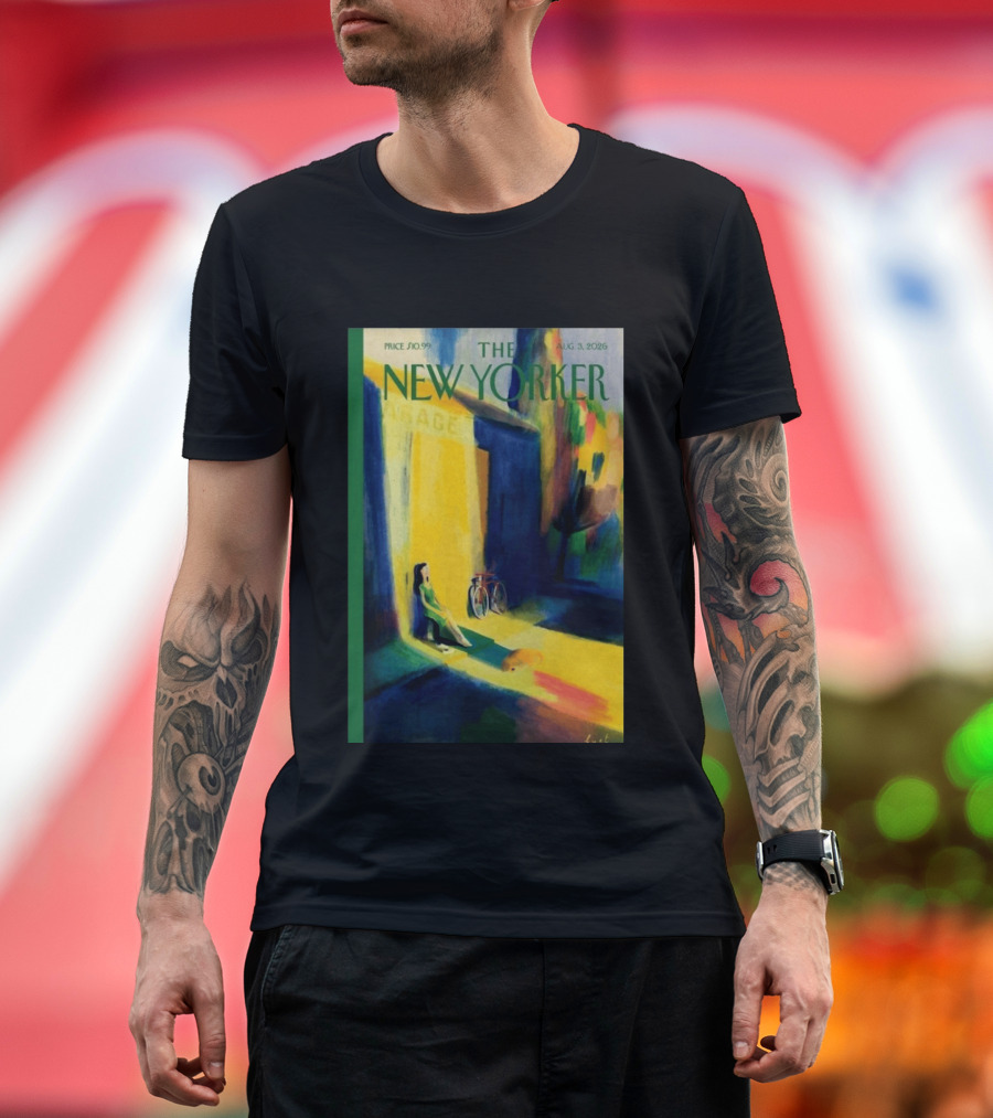 The New Yorker August 3 2026 Pierre Emmanuel Lyet Cover Art Female Figure With Bicycle In Vibrant Alley Scene T-Shirt