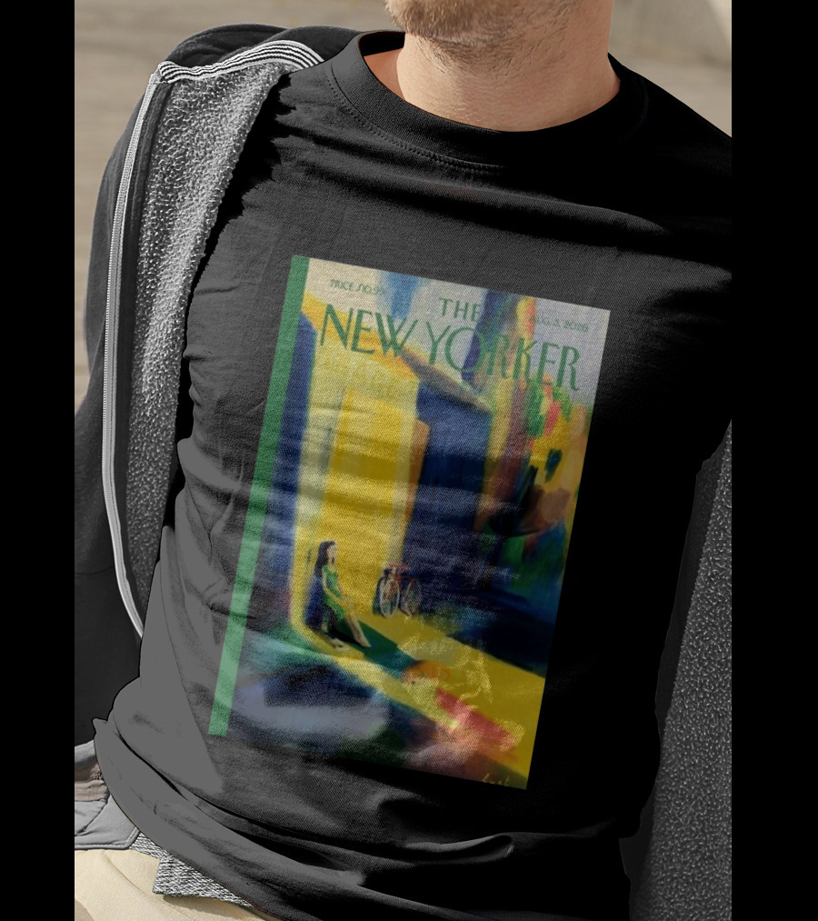 The New Yorker August 3 2026 Pierre Emmanuel Lyet Cover Art Female Figure With Bicycle In Vibrant Alley Scene T-Shirt