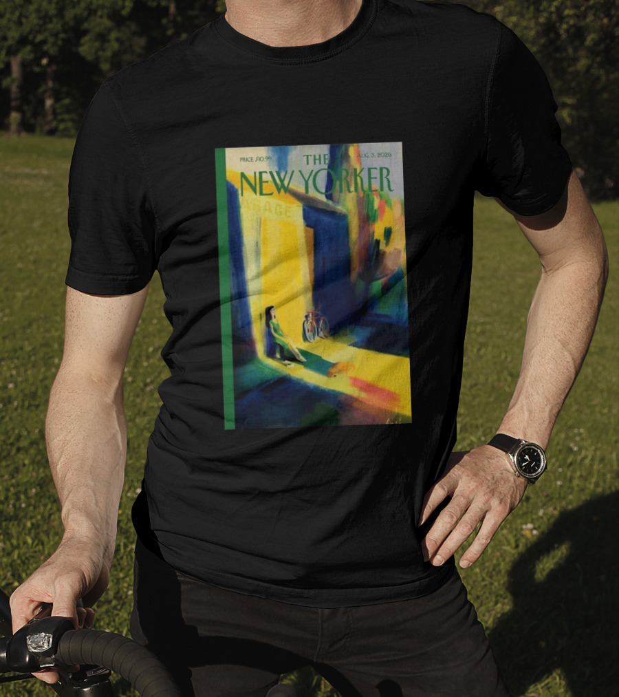 The New Yorker August 3 2026 Pierre Emmanuel Lyet Cover Art Female Figure With Bicycle In Vibrant Alley Scene T-Shirt