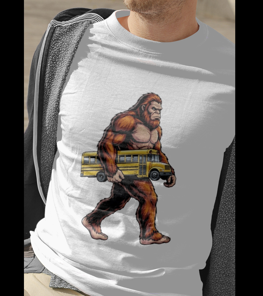 Bigfoot Sasquatch Carrying Yellow School Bus T-Shirt