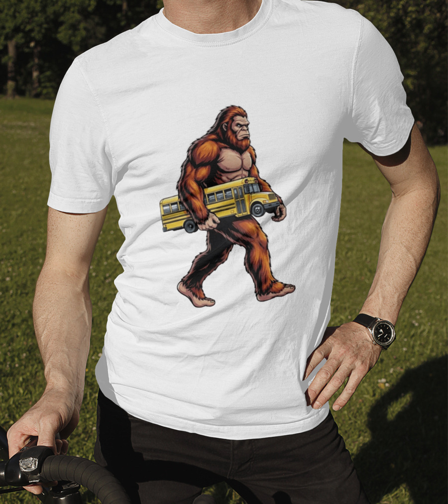 Bigfoot Sasquatch Carrying Yellow School Bus T-Shirt