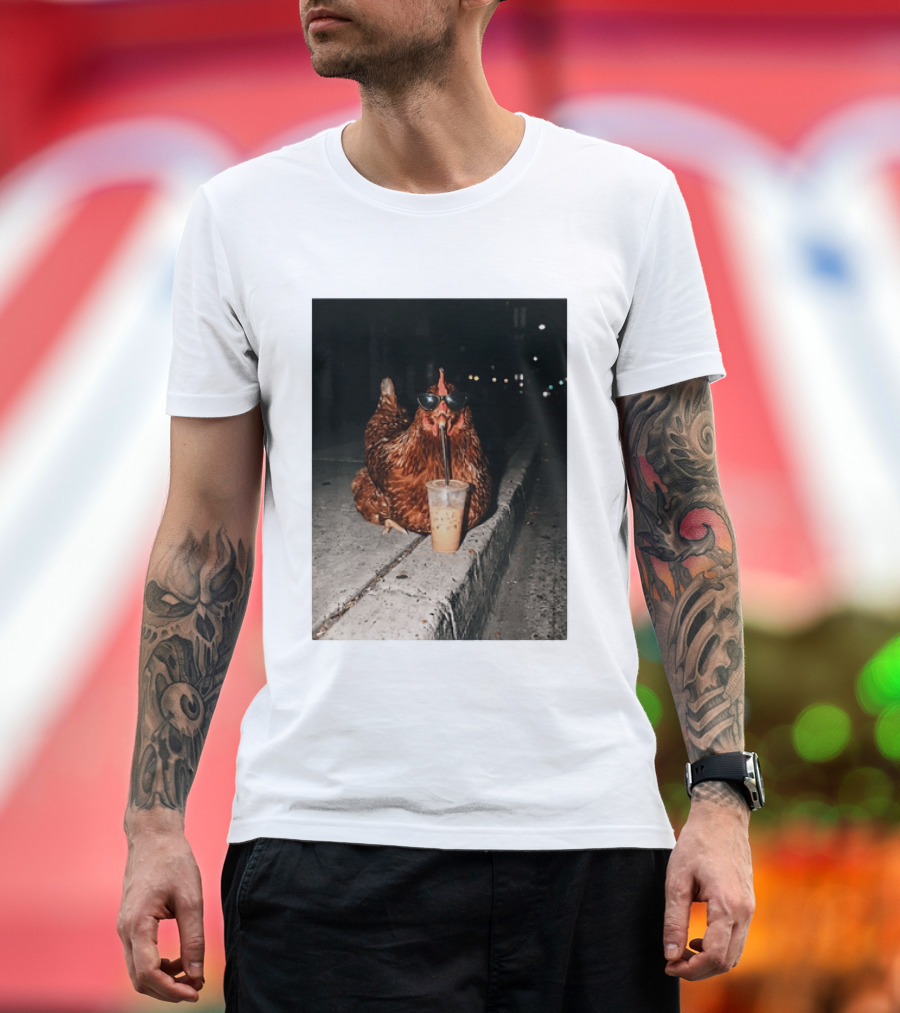 Chicken Wearing Sunglasses Drinking Iced Coffee At Night T-Shirt