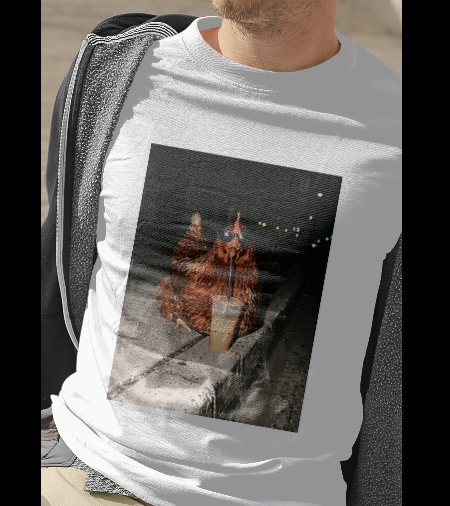 Chicken Wearing Sunglasses Drinking Iced Coffee At Night T-Shirt