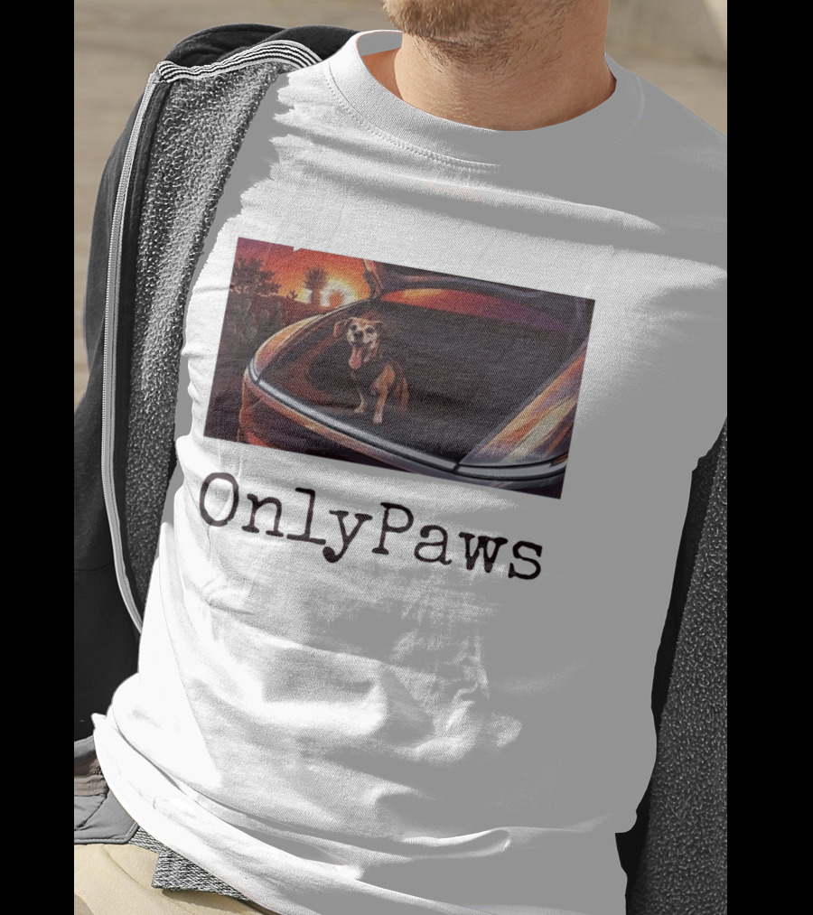 OnlyPaws Dog In Car Trunk At Sunset Desert Scene T-Shirt