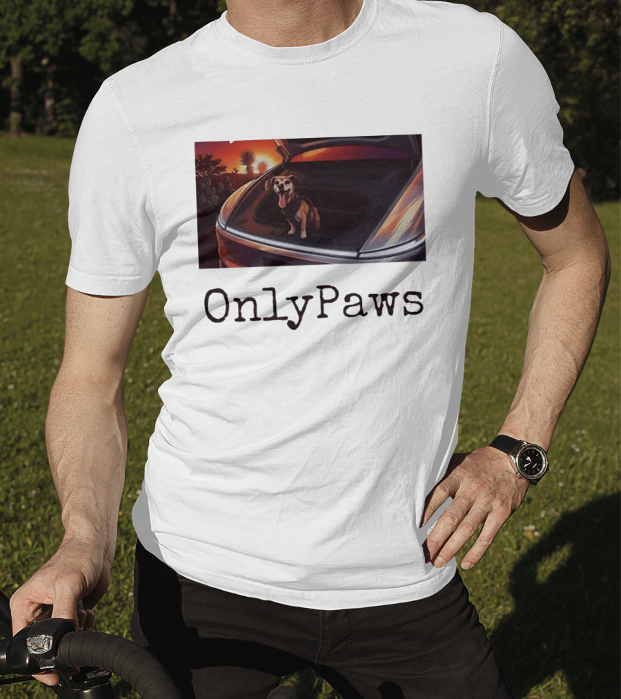 OnlyPaws Dog In Car Trunk At Sunset Desert Scene T-Shirt