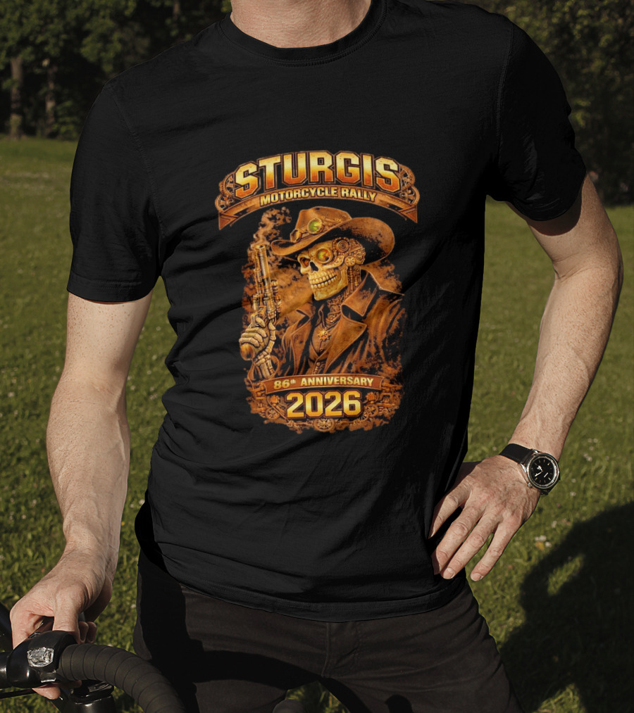 Sturgis Motorcycle Rally 2026 86th Anniversary Steampunk Cowboy Skull T-Shirt
