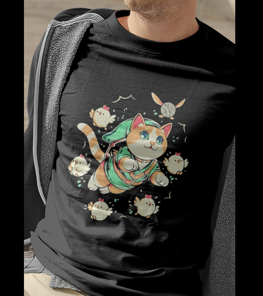 Fantasy Adventurer Cat In Green Tunic With Chickens And Yarn Ball T-Shirt