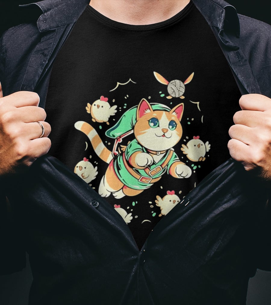 Fantasy Adventurer Cat In Green Tunic With Chickens And Yarn Ball T-Shirt