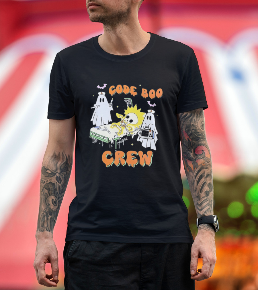 Code Boo Crew Halloween Ghost Nurse Skeleton Scene T-Shirt