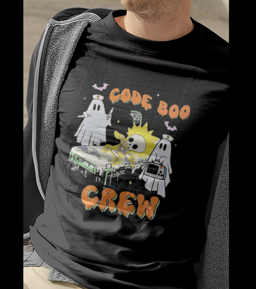 Code Boo Crew Halloween Ghost Nurse Skeleton Scene T-Shirt