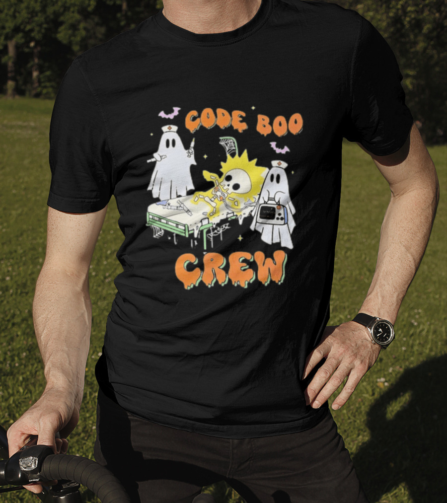 Code Boo Crew Halloween Ghost Nurse Skeleton Scene T-Shirt