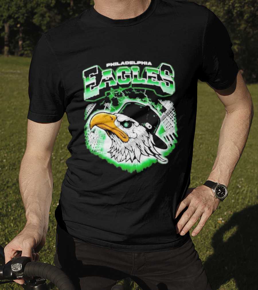 Philadelphia Eagles Mascot With Baseball Cap And City Skyline T-Shirt