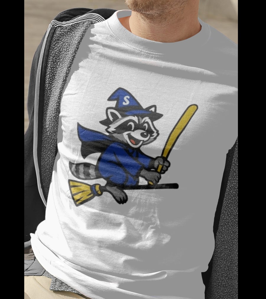 Seattle Mariners Jimothy The Etsy Witch Raccoon Flying Broomstick T-Shirt