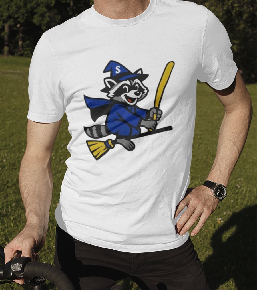 Seattle Mariners Jimothy The Etsy Witch Raccoon Flying Broomstick T-Shirt