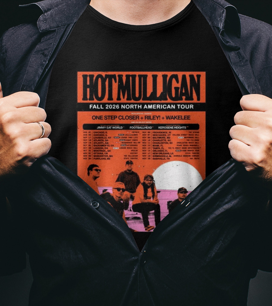 Hot Mulligan Fall 2026 Tour Dates With One Step Closer Riley Wakelee Jimmy Eat World Footballhead Kerosene Heights T-Shirt