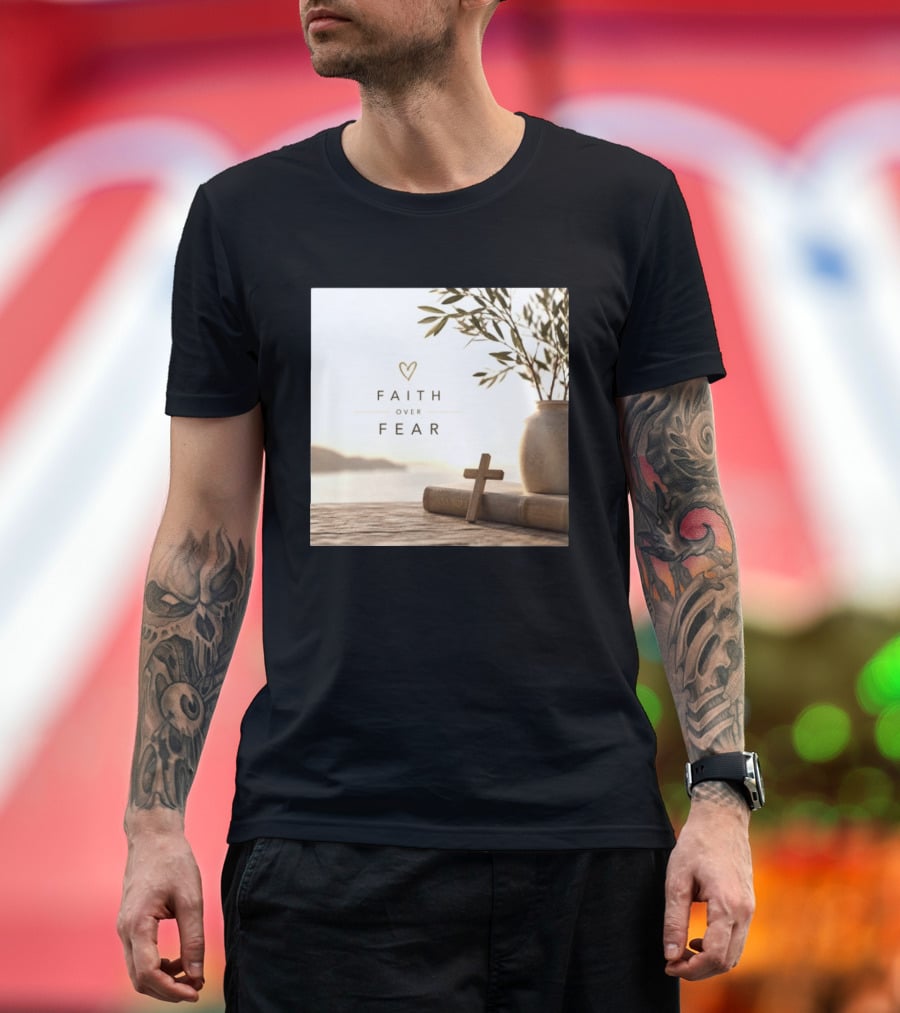 Faith Over Fear Christian Cross Heart With Bible And Olive Branches T-Shirt