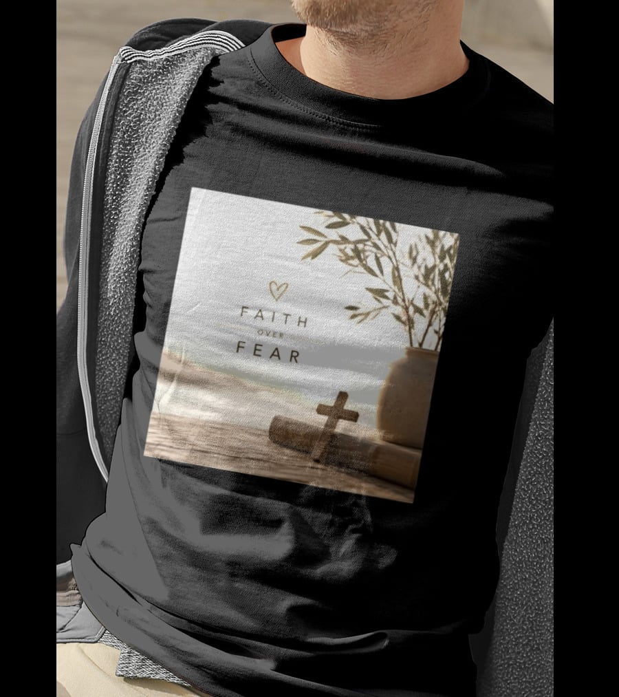 Faith Over Fear Christian Cross Heart With Bible And Olive Branches T-Shirt