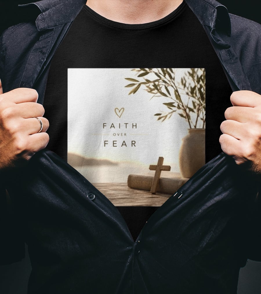 Faith Over Fear Christian Cross Heart With Bible And Olive Branches T-Shirt
