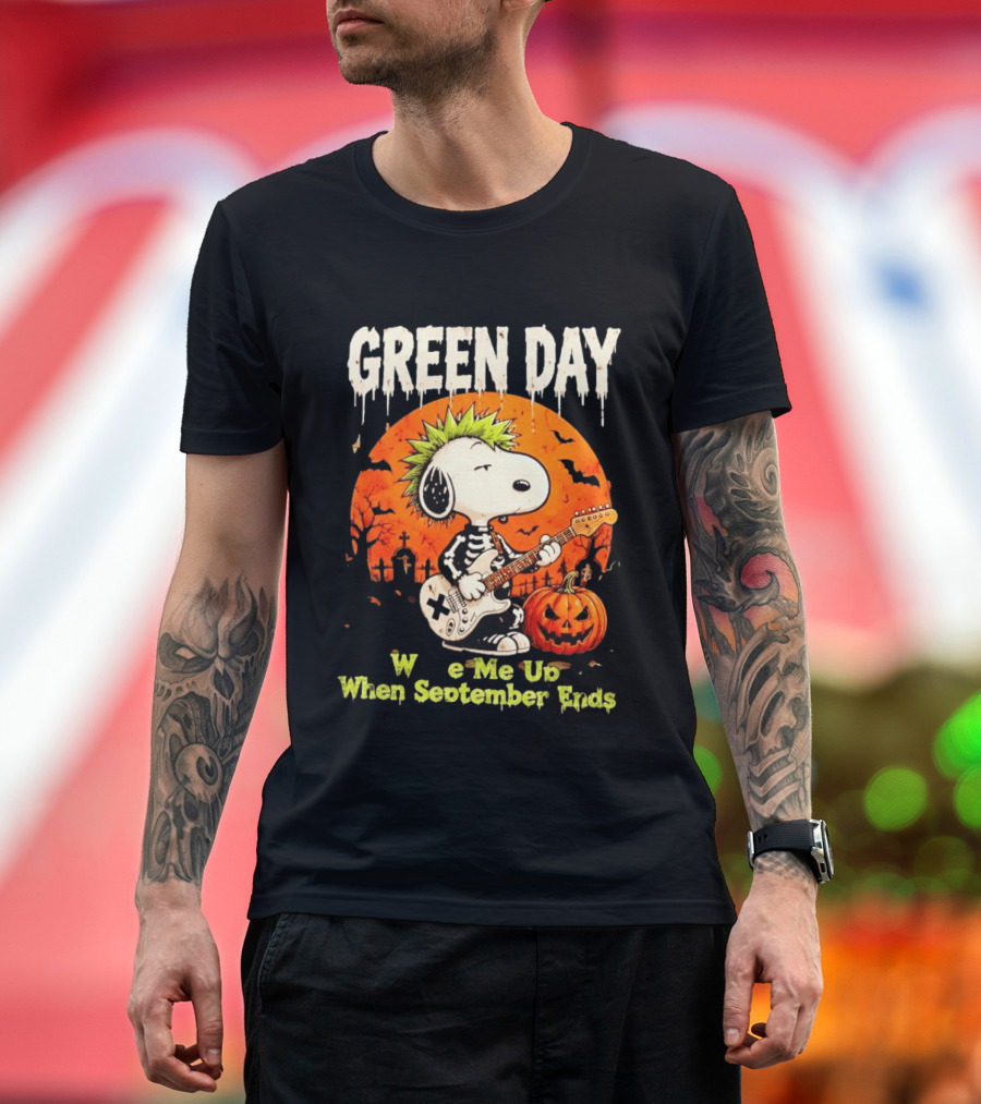 Green Day Snoopy Skeleton Guitar Wake Me Up When September Ends Halloween Pumpkin T-Shirt
