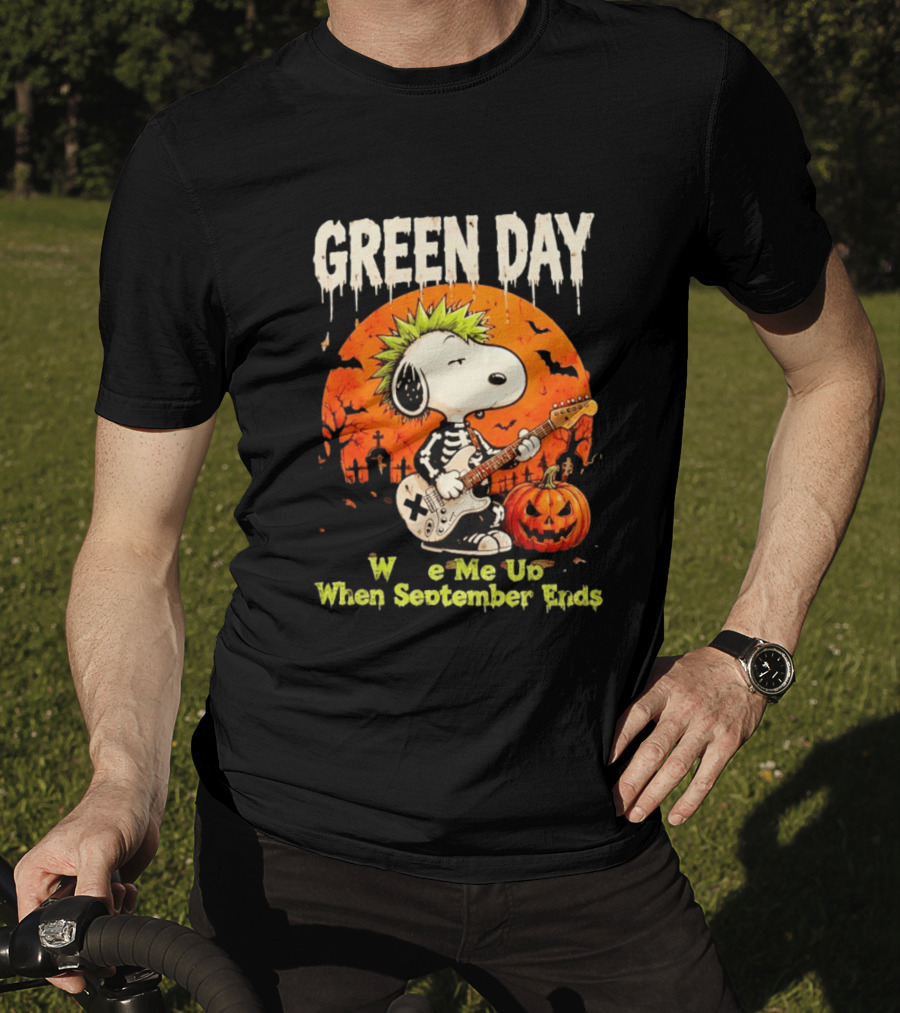 Green Day Snoopy Skeleton Guitar Wake Me Up When September Ends Halloween Pumpkin T-Shirt