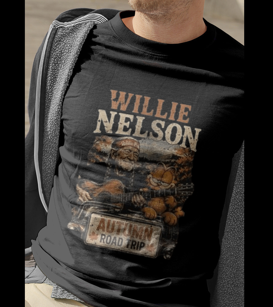 Willie Nelson Autumn Road Trip With Orange Cat T-Shirt