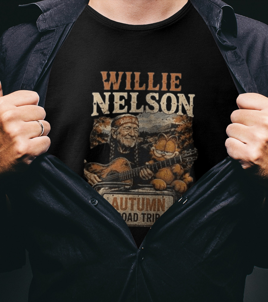 Willie Nelson Autumn Road Trip With Orange Cat T-Shirt