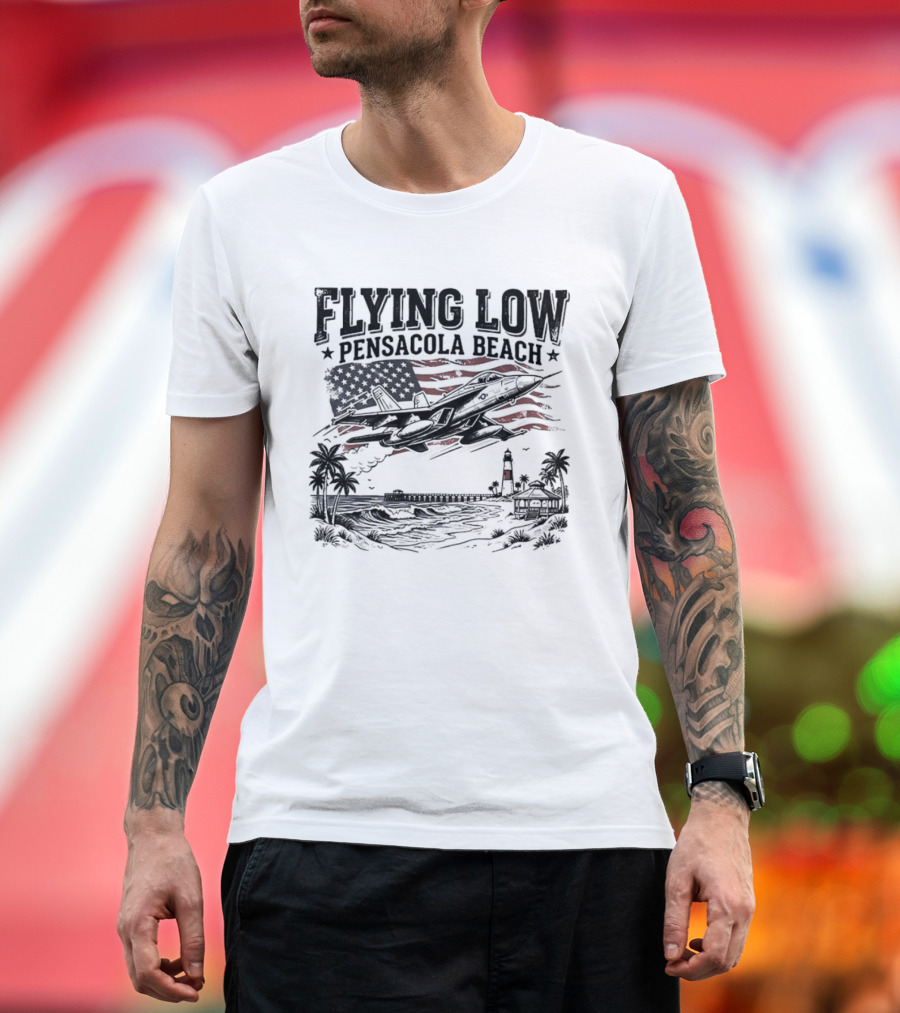 Flying Low Pensacola Beach American Flag Fighter Jet Scenic Beach View T-Shirt