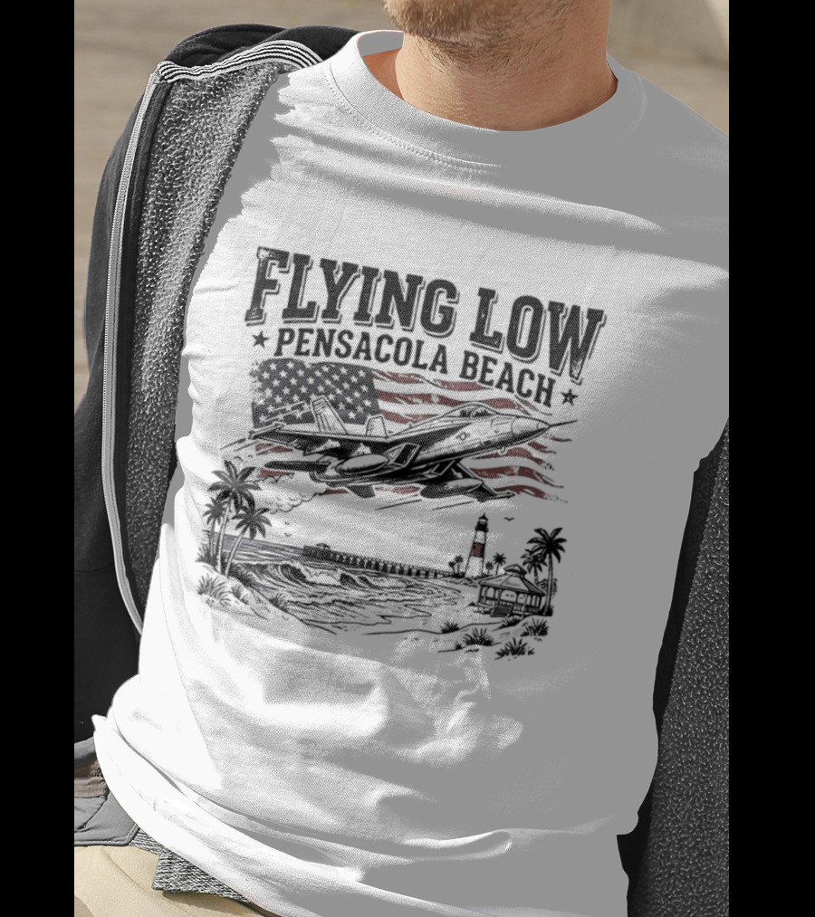 Flying Low Pensacola Beach American Flag Fighter Jet Scenic Beach View T-Shirt