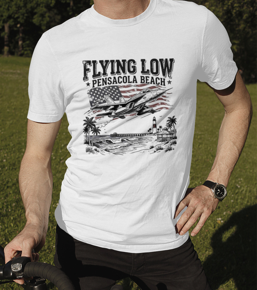 Flying Low Pensacola Beach American Flag Fighter Jet Scenic Beach View T-Shirt