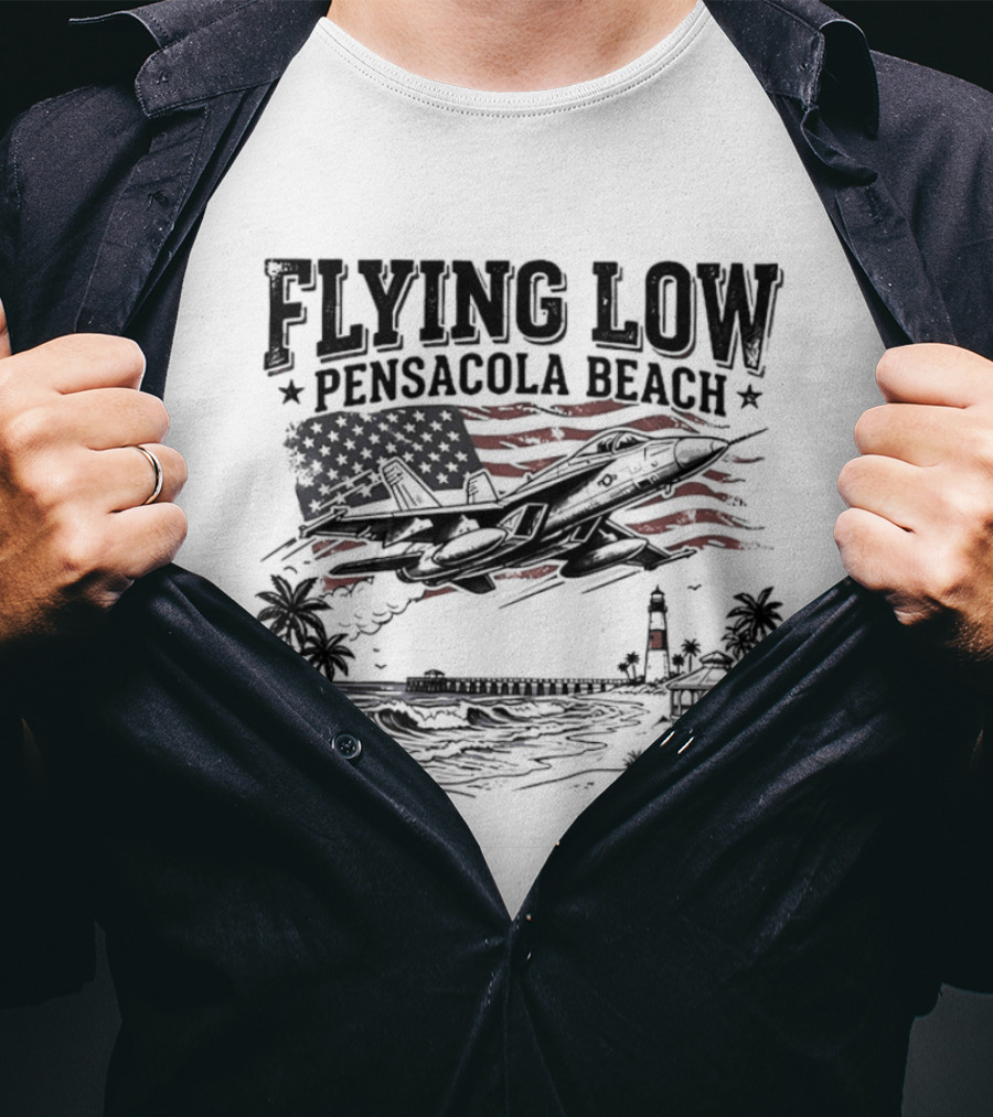 Flying Low Pensacola Beach American Flag Fighter Jet Scenic Beach View T-Shirt