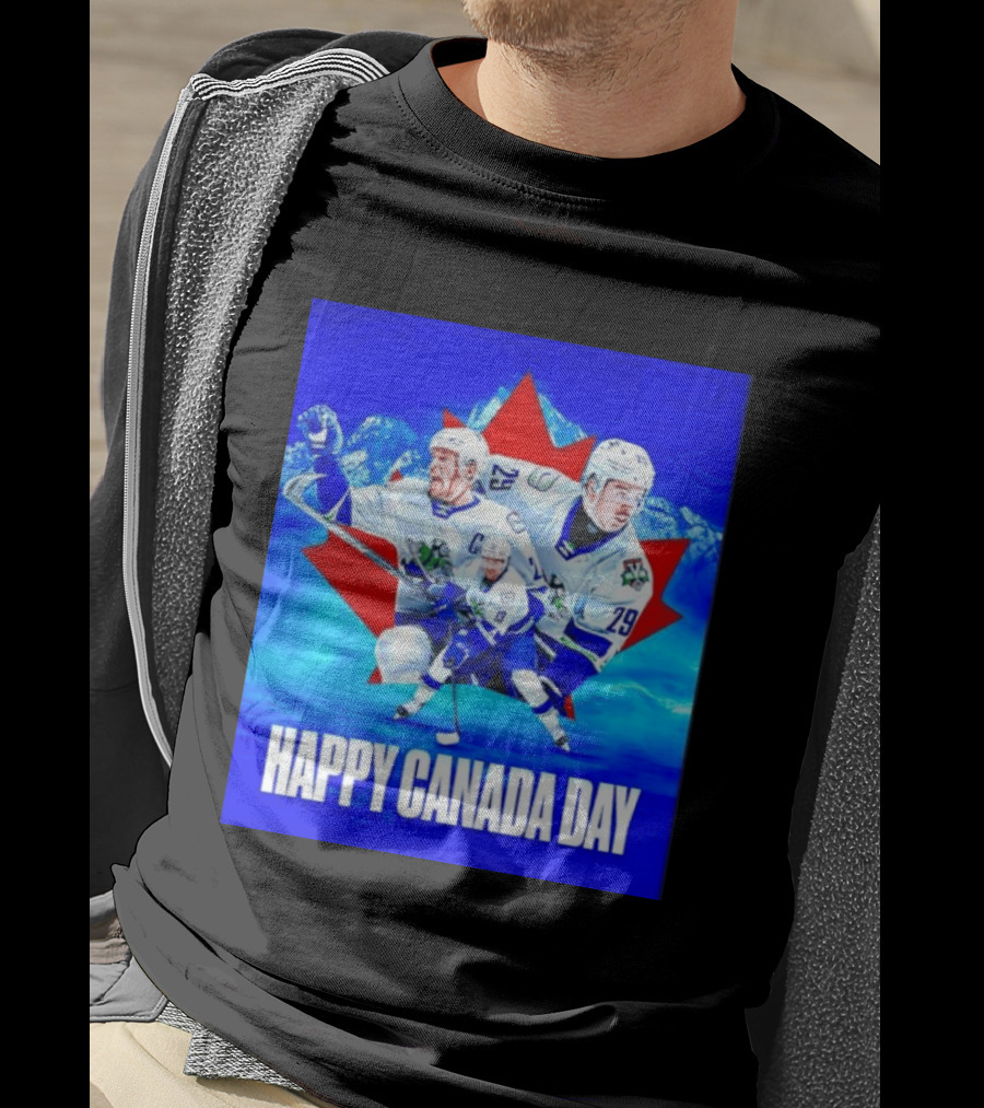 Abbotsford Canucks Happy Canada Day Celebration Collage With Hockey Players And Maple Leaf T-Shirt
