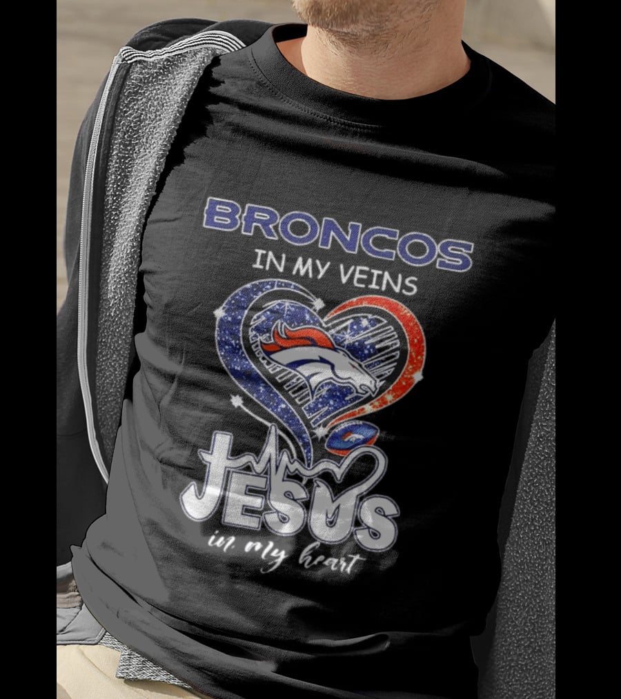 Denver Broncos In My Veins Heart Jesus In My Heart T-Shirt