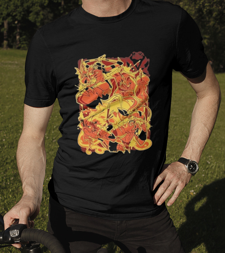 Helluva Boss Satan Characters In Fiery Yellow And Red T-Shirt