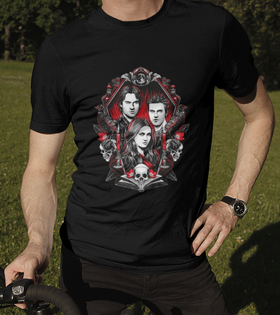 Vampire Blood The Vampire Diaries Damon Salvatore Stefan Salvatore Elena Gilbert Skull Candle Ravens T-Shirt