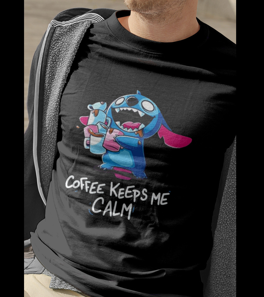 Stitch Coffee Keeps Me Calm Cute Character Drinking Coffee T-Shirt