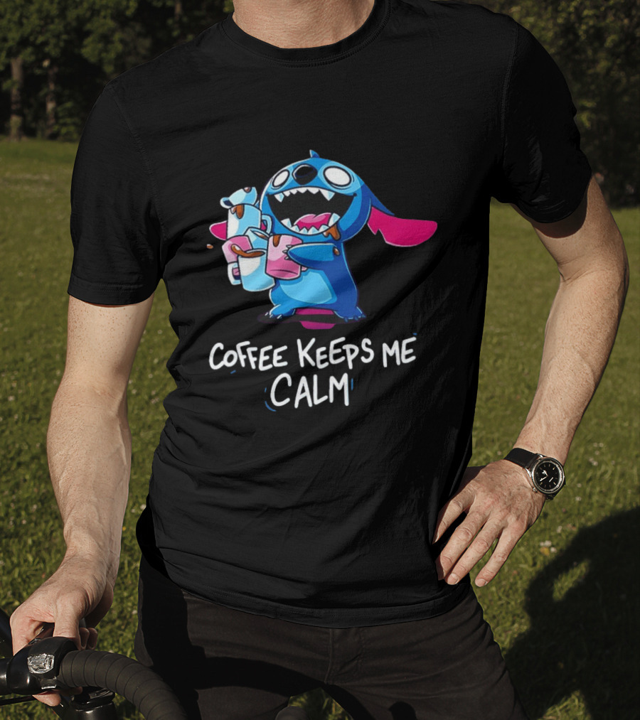 Stitch Coffee Keeps Me Calm Cute Character Drinking Coffee T-Shirt
