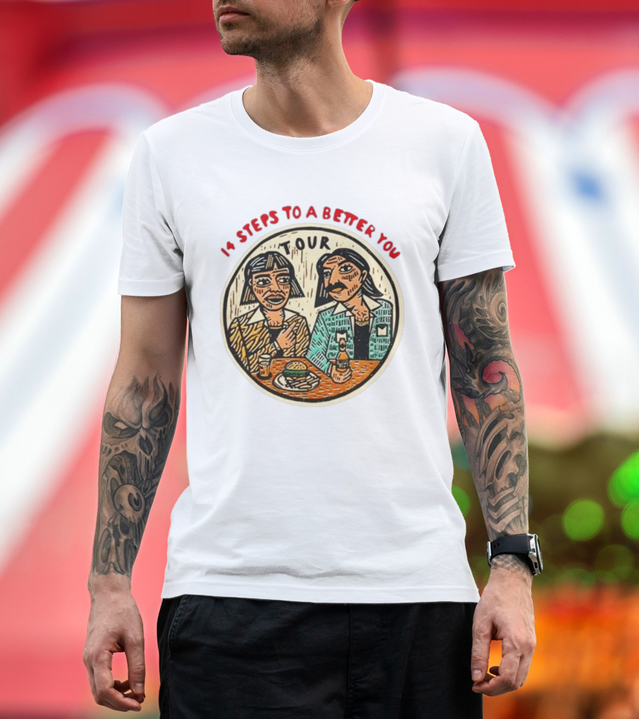 14 Steps To A Better You Tour Oval Illustration With Two Seated Individuals T-Shirt