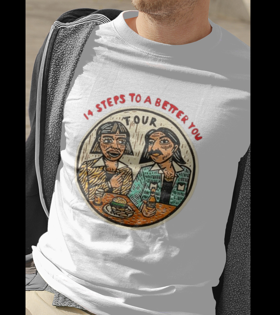 14 Steps To A Better You Tour Oval Illustration With Two Seated Individuals T-Shirt