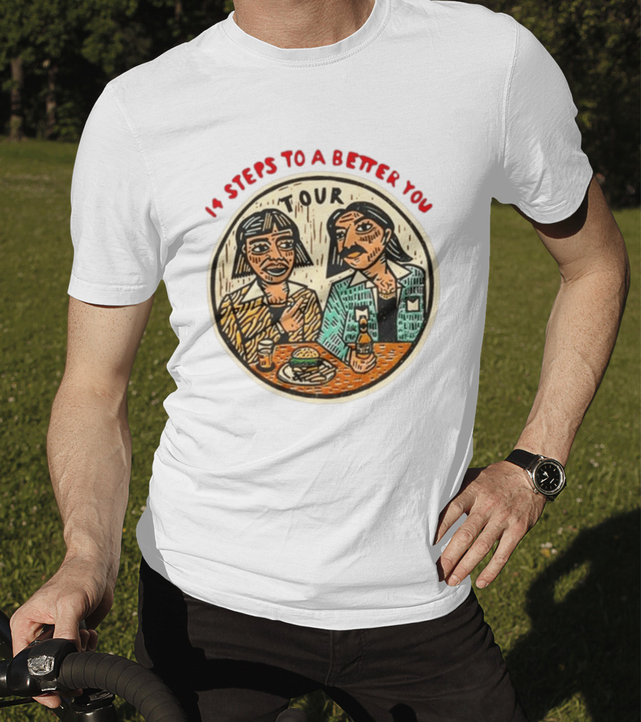 14 Steps To A Better You Tour Oval Illustration With Two Seated Individuals T-Shirt
