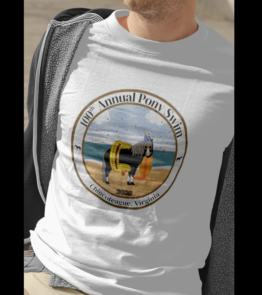 100th Annual Pony Swim Chincoteague Virginia 2025 Beach Scene With Pony And Surfboard T-Shirt