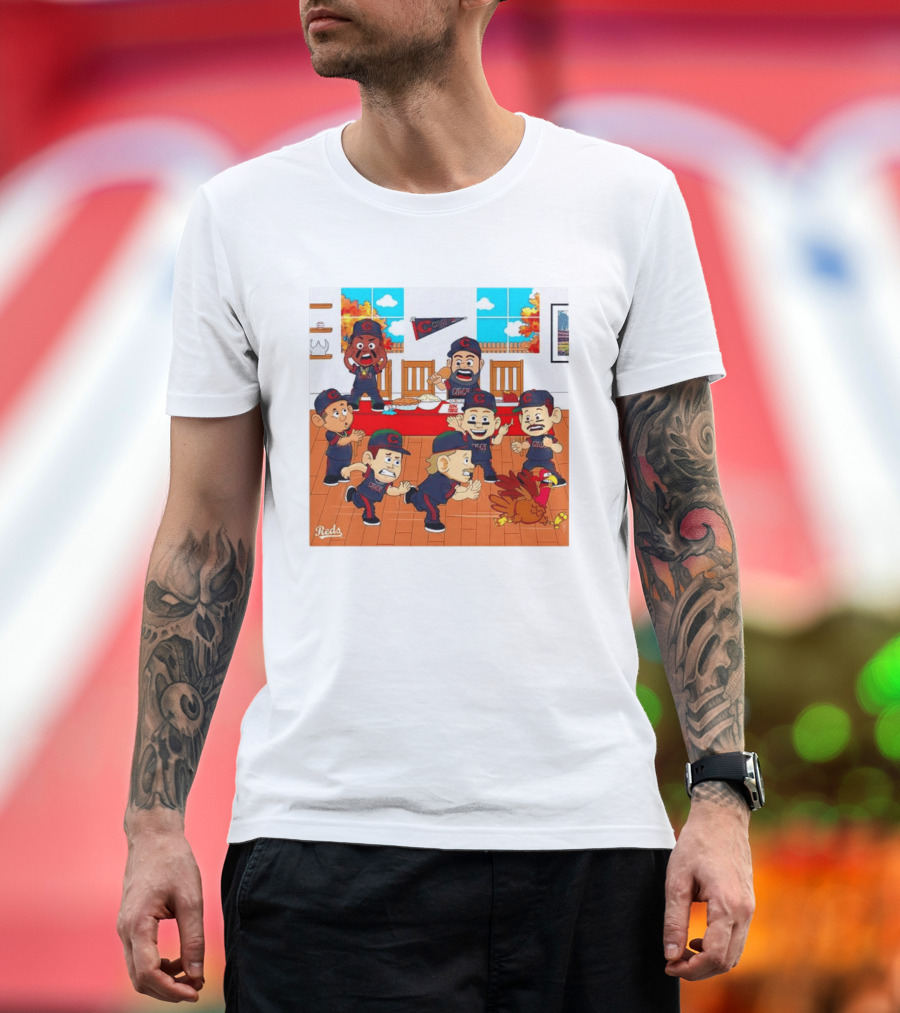 Cincinnati Reds Thanksgiving Chaos Cartoon Scene With Characters And Turkey T-Shirt