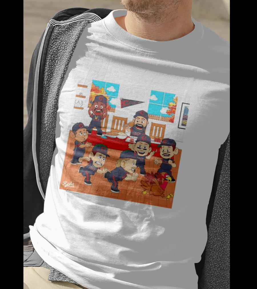 Cincinnati Reds Thanksgiving Chaos Cartoon Scene With Characters And Turkey T-Shirt