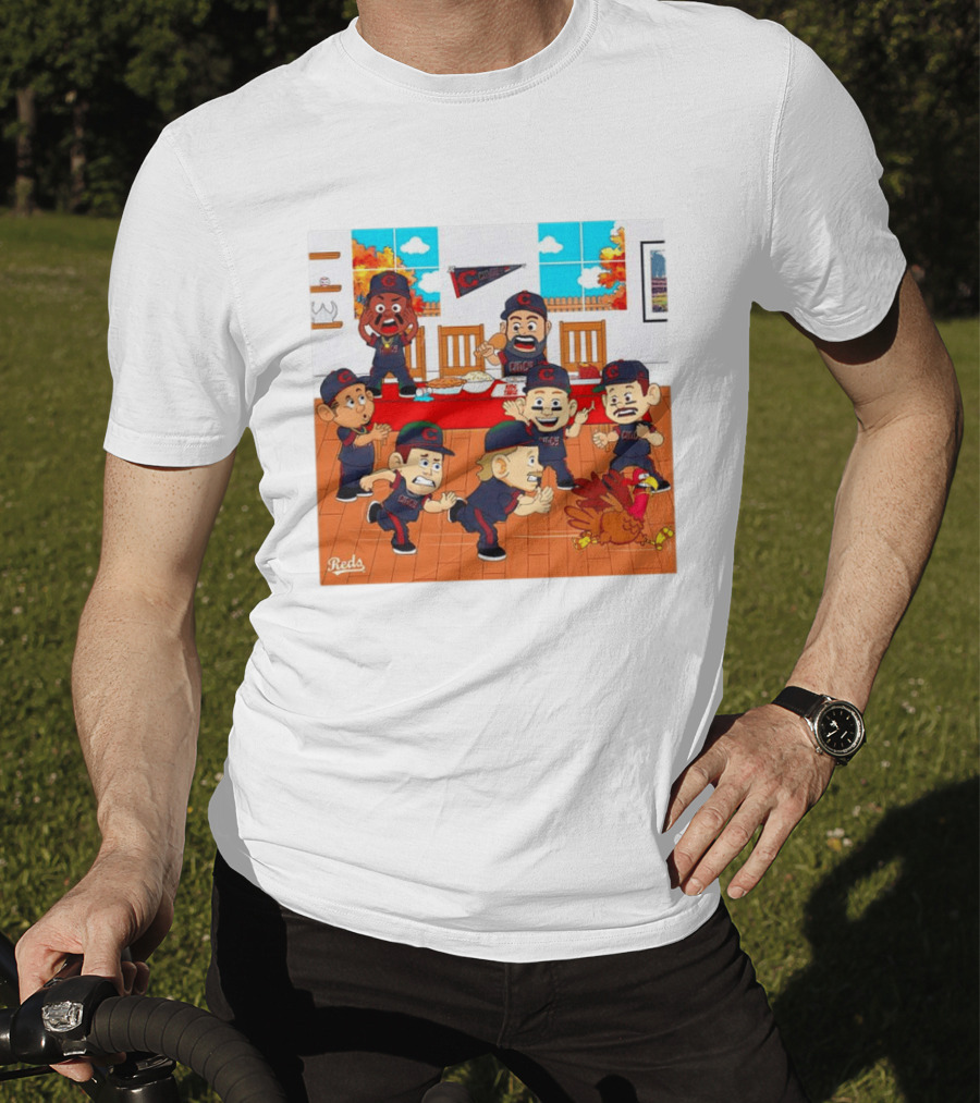 Cincinnati Reds Thanksgiving Chaos Cartoon Scene With Characters And Turkey T-Shirt